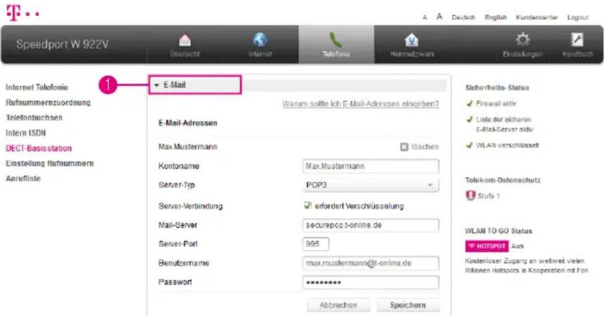 Speedport W 922V Übersicht Internet Telefonie Heimwitzwerk Einstellungen Handbuch Internet Telefonie Rufnummernzuordnung Telefonbuchsen Intern ISDN DECT-Basisstation Einstellung Rufnummern Aerufliste 1 ▼ E-Mail Warum sollte ich E-Mail-Adressen eingeben? E-Mail-Adressen Max Mustermann Kontoname Max.M…