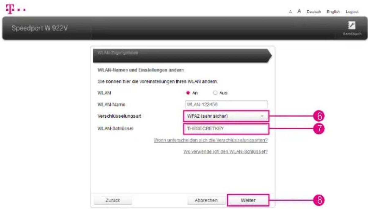 Speedport W 922V WLAN-Zugengesteten WLAN-Namen und Einstellungen ändern Sie können hier die Voreinstellungen Ihres WLAN ändern. WLAN An Aus WLAN-Name WLAN-123456 Verschlüsselungsait WFAZ (sehr sicher) WLAN-Schlüssel THESECRETKEY Wenn unterscheiden sich die Verschlüsselungsarten? Wo verwende ich den…