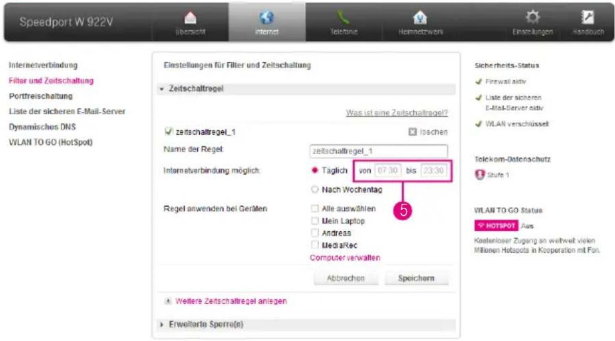 Speedport W 922V Internetverbindung Filter und Zeitschaltung Portfreischaltung Liste der sicheren E-Mail-Server Dynamisches DNS WLAN TO GO (HotSpot) Einstellungen für Filter und Zeitschaltung Zeitschaltregel Was ist eine Zeitschaltregel? Zeitschaltregel_1 Name der Regel: Zeitschaltregel_1 Internetve…