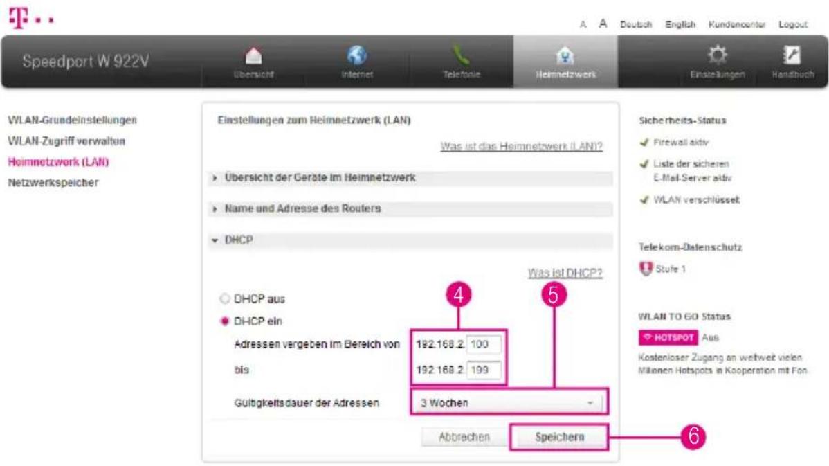 Speedport W 922V WLAN-Grundeinstellungen WLAN-Zugriff verwalten Heimnetzwerk (LAN) Netzwerkspeicher Einstellungen zum Heimnetzwerk (LAN) Was ist das Heimnetzwerk (LAN)? Übersicht der Geräte im Heimnetzwerk Name und Adresse des Routers DHCP ○ DHCP aus ● DHCP ein Adressen vergeben im Bereich von bis G…