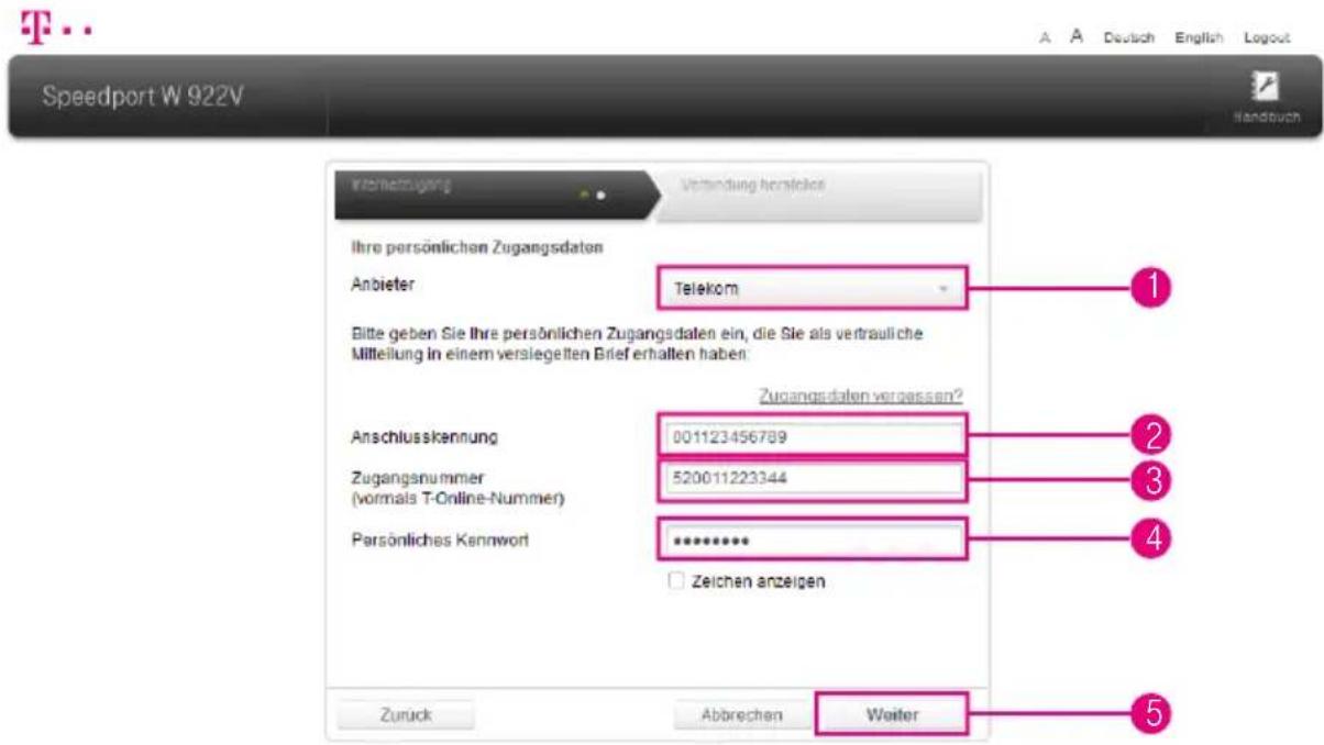 Speedport W 922V Kreihenzügung Veränderung herässchen Ihre persönlichen Zugangsdaten Anbieter Telekom Blte geben Sie ihre persönlichen Zugangsdaten ein, die Sie als vertrauliche Mittellung in einem versiegetten Brief erhalten haben: Zugangsdaten vergassen? Anschlusskennung 001123456789 Zugangsnummer…