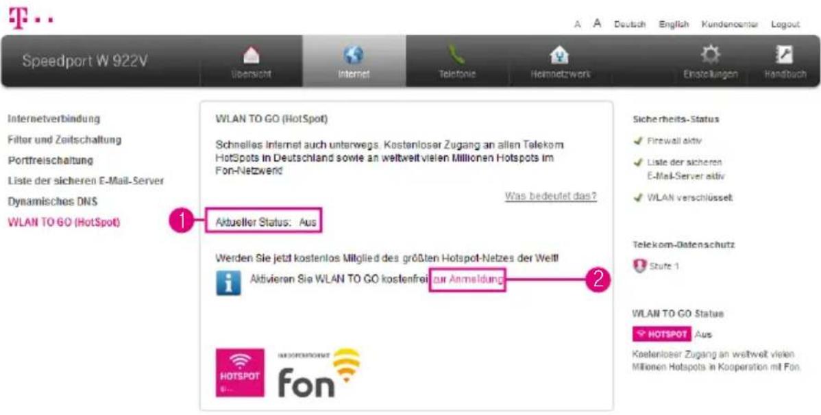 Speedport W 922V Internetverbindung Filter und Zeitschaltung Portfreischaltung Liste der sicheren E-Mail-Server Dynamisches DNS WLAN TO GO (HotSpot) 1 WLAN TO GO (HotSpot) Schnelles Internet auch unterwegs. Kostenloser Zugang an allen Telekom HotSpots in Deutschland sowie an weltweit vielen Millione…