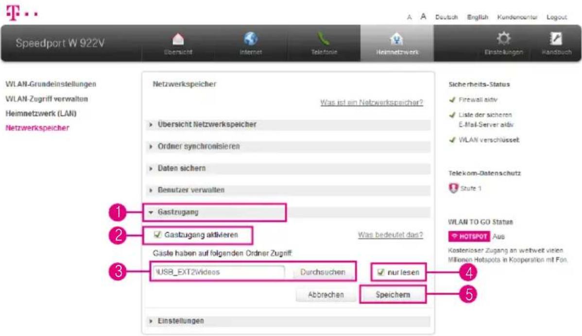 Speedport W 922V WLAN-Grundeinstellungen WLAN-Zugriff verwalten Heimnetzwerk (LAN) Netzwerkspeicher Netzwerkspeicher Was ist ein Netzwerkspeicher? Übersicht Netzwerkspeicher Ordner synchronisieren Daten sichern Benutzer verwalten Gastzugang Gastzugang aktivieren Was bedeutet das? Gasle haben auf fol…