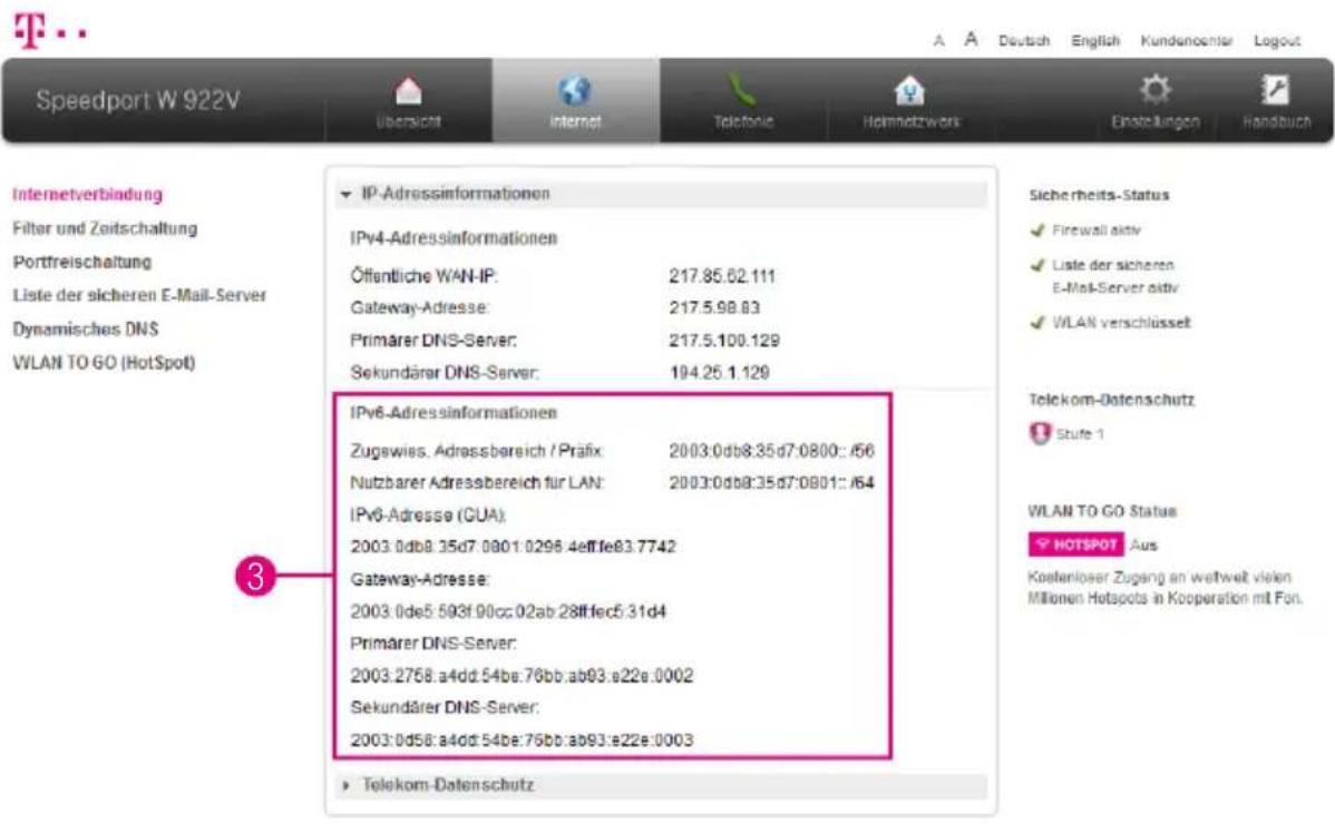 Speedport W 922V Internetverbindung Filter und Zeitschaltung Portfreischaltung Liste der sicheren E-Mail-Server Dynamisches DNS WLAN TO GO (HotSpot) IP-Adressinformationen IPv4-Adressinformationen Öffentliche WAN-IP: 217.85.02.111 Gateway-Adresse: 217.5.98.83 Primärer DNS-Server: 217.5.100.129 Sekun…