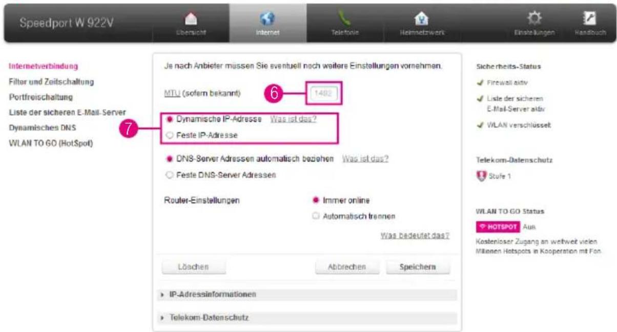 Speedport W 922V Je nach Anbieter müssen Sie eventuell noch weitere Einstellungen vornehmen. MTU (sofern bekannt) 1482 Dynamische IP-Adresse Was ist das? Feste IP-Adresse DNS-Server Adressen automatisch beziehen Was ist das? Feste DNS-Server Adressen Router-Einstellungen Immer online Automatisch tra…
