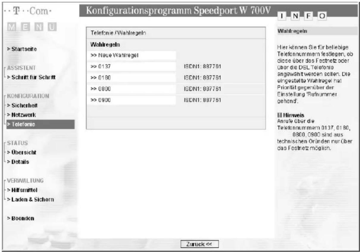 T-Mobile Speedport W 700V - Wahlregeln - 1