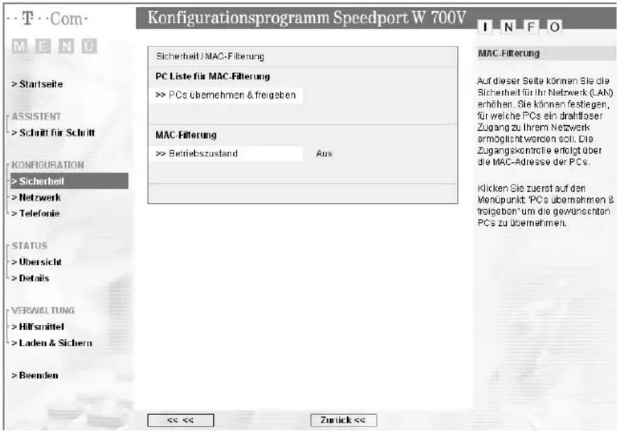 T-Mobile Speedport W 700V - MAC-Filterung - 1
