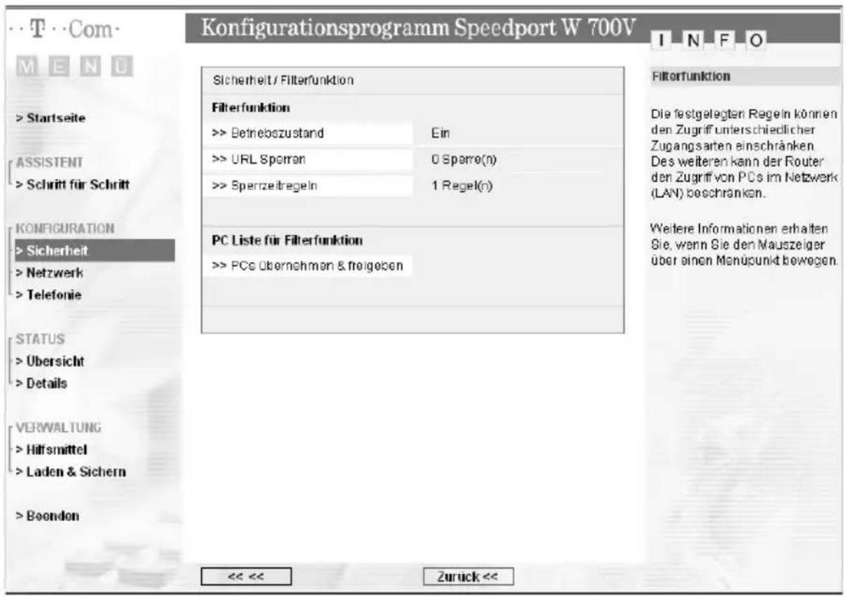 T-Mobile Speedport W 700V - PC-Liste für Filterfunktionen - 1