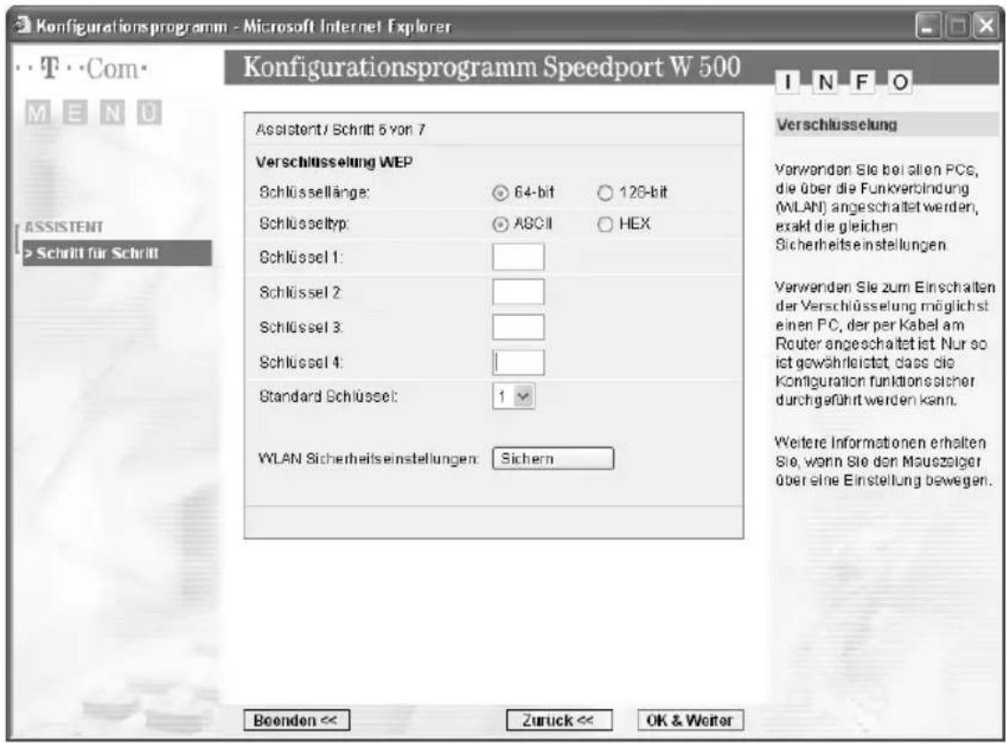 T-Mobile Speedport W 500 - Schlüsseleinstellungen für WEP - 1