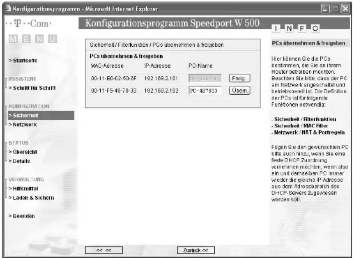 T-Mobile Speedport W 500 - PCs zum Sperren auswählen - 1