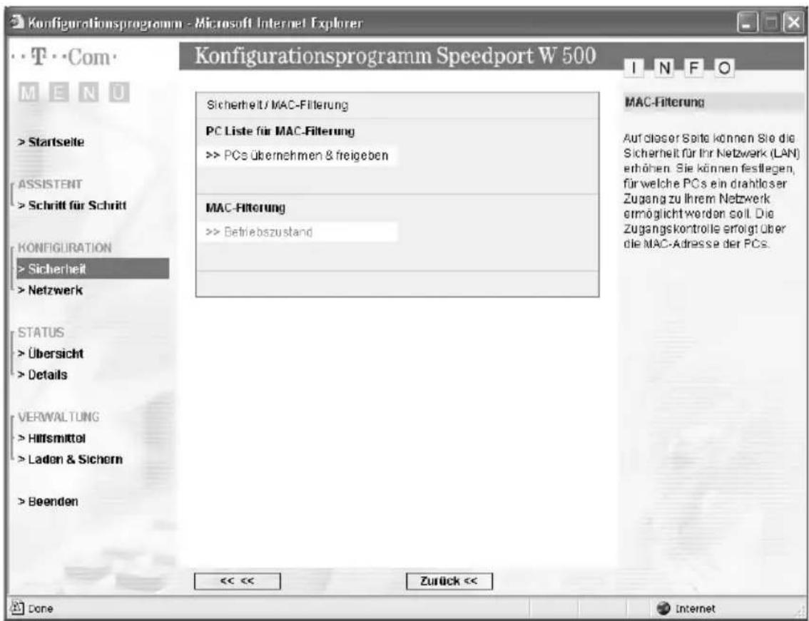 T-Mobile Speedport W 500 - MAC-Filterung - 1