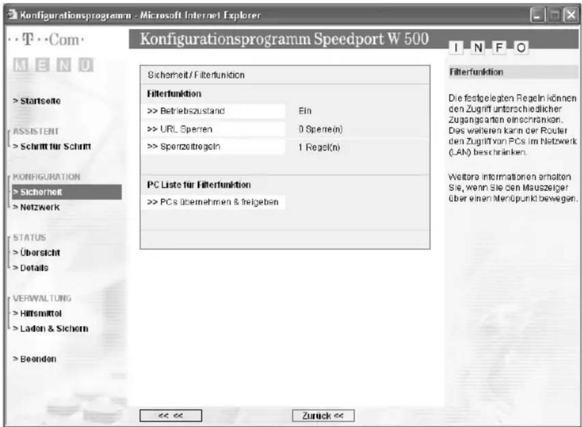 T-Mobile Speedport W 500 - → Klicken Sie auf im Menü Sicherheit auf den Eintrag Filterfunktion. - 1