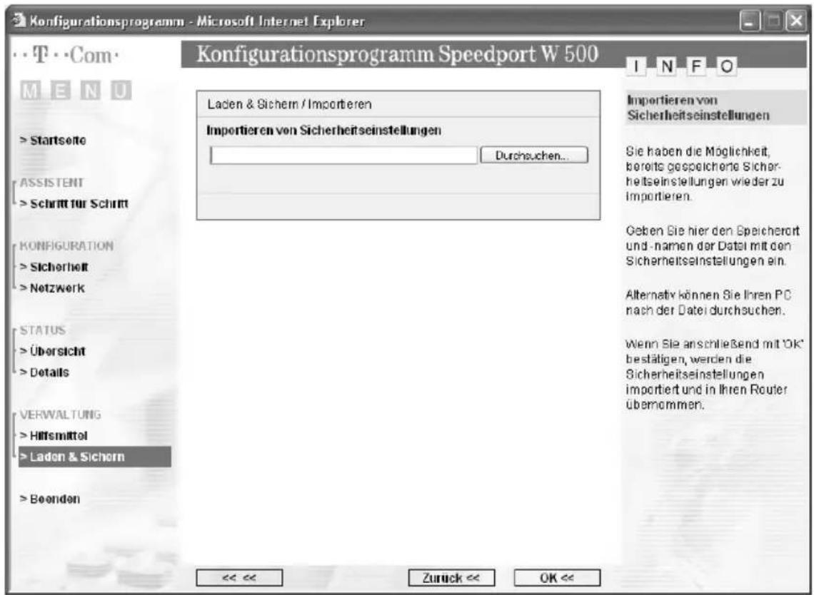 T-Mobile Speedport W 500 - Sicherheitseinstellungen für WLAN importieren - 1
