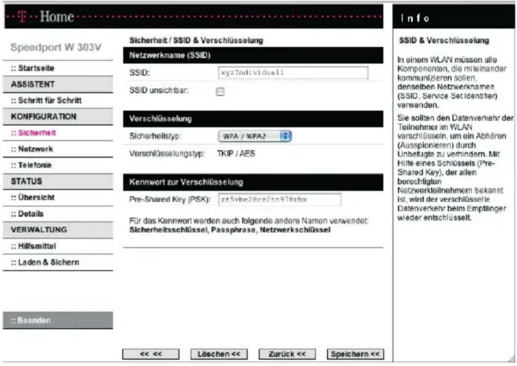T-Mobile Speedport W 303V - Einstellungen zur Sicherheit des drahtlosen lokalen Netzwerks (WLAN) - 1