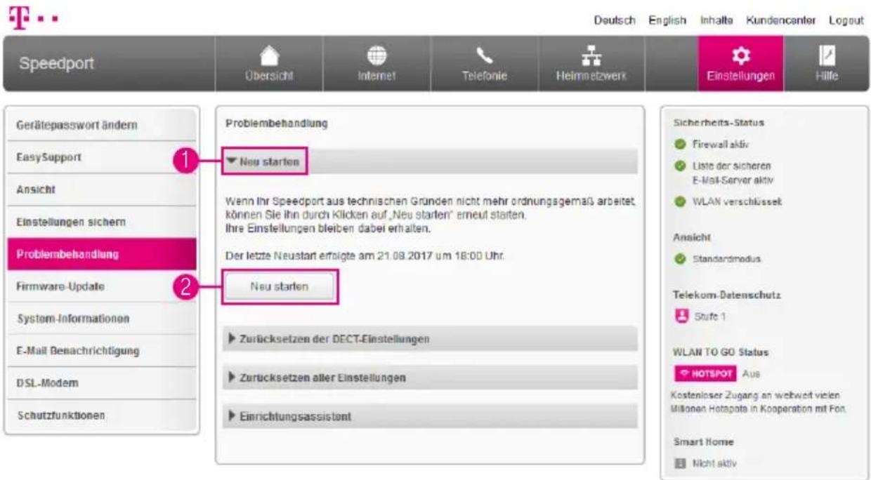 T-Mobile Speedport Smart 2 - Speedport neu starten - 1
