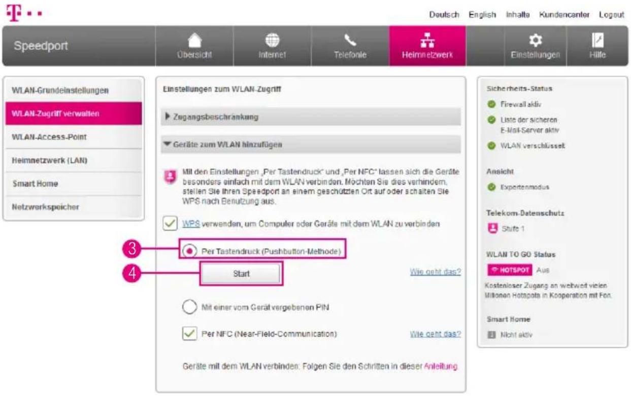 T-Mobile Speedport Smart 2 - WLAN-Geräte über WPS verbinden - Pushbutton-Methode (Fortsetzung) - 1