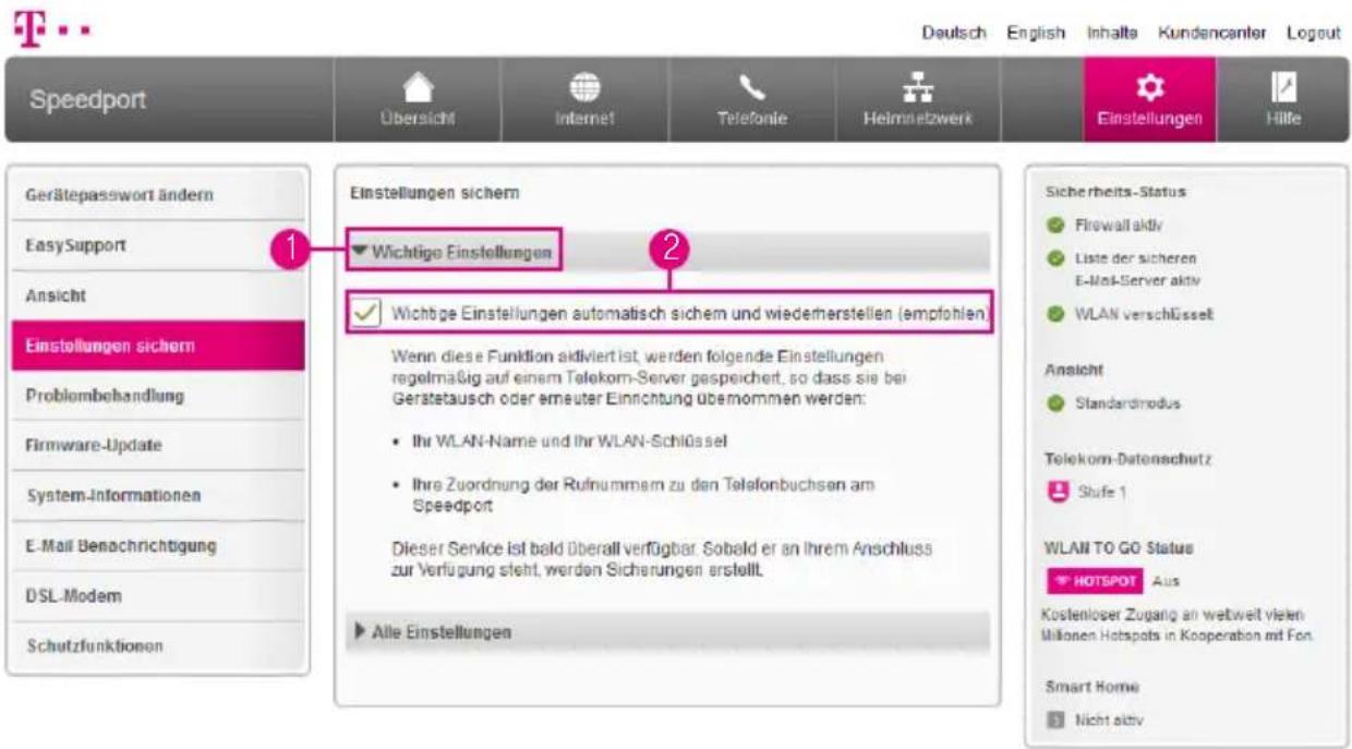 T-Mobile Speedport Smart 2 - Wichtige Einstellungen automatisch sichern - 1