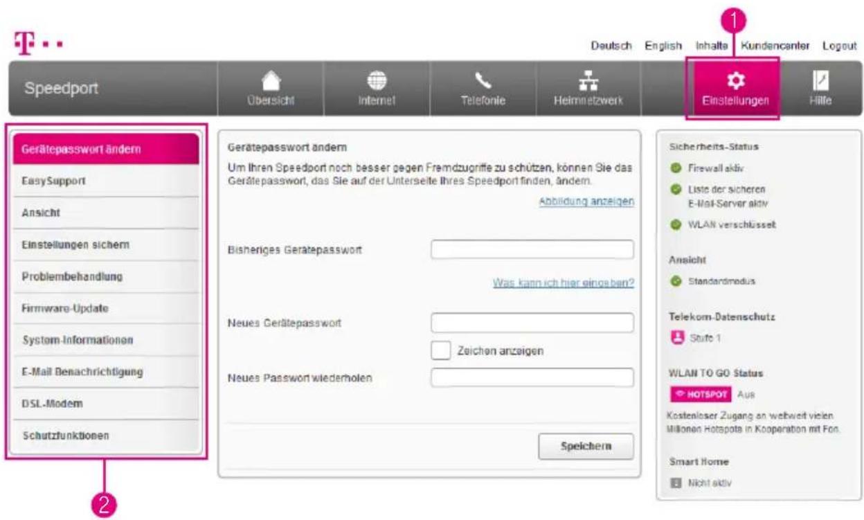 T-Mobile Speedport Smart 2 - Einstellungen in verschiedenen Bereichen - 1