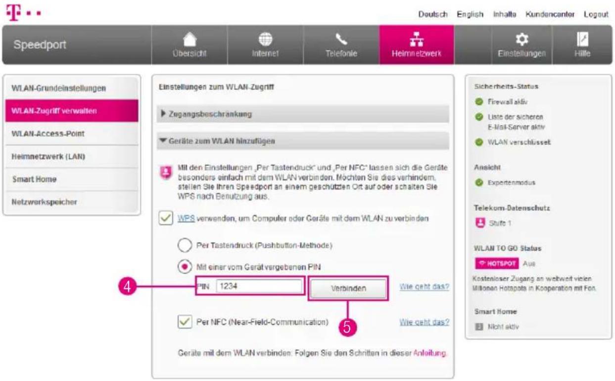 T-Mobile Speedport Smart 2 - WLAN-Geräte über WPS verbinden - PIN-Methode (Fortsetzung) - 1