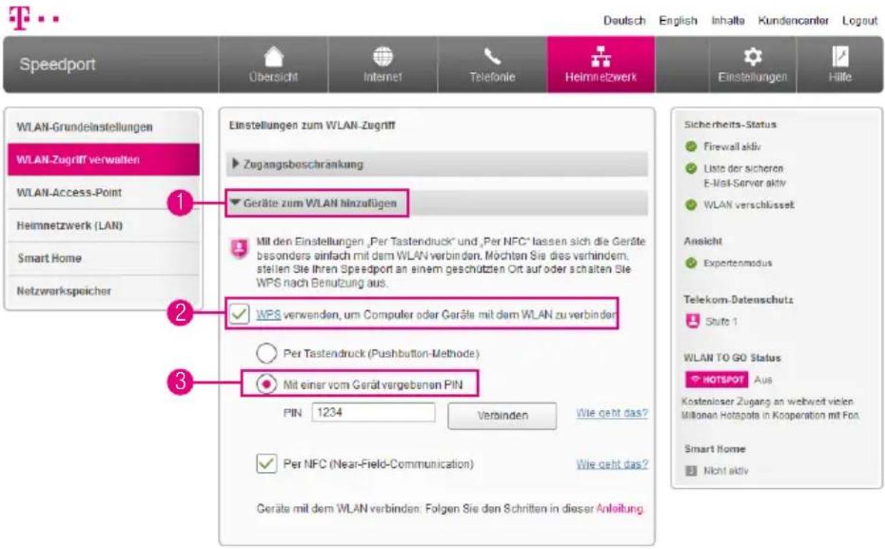 T-Mobile Speedport Smart 2 - WLAN-Geräte über WPS verbinden - PIN-Methode - 1