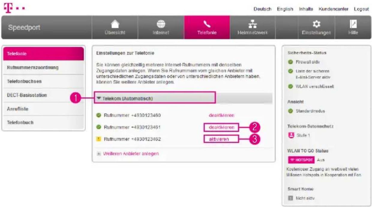 T-Mobile Speedport Smart 2 - Rufnummern aktivieren oder deaktivieren - 1