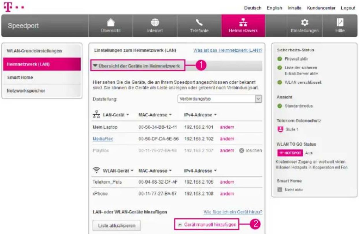 T-Mobile Speedport Smart 2 - Heimnetzwerk (LAN) - Gerät manuell hinzufügen - 1