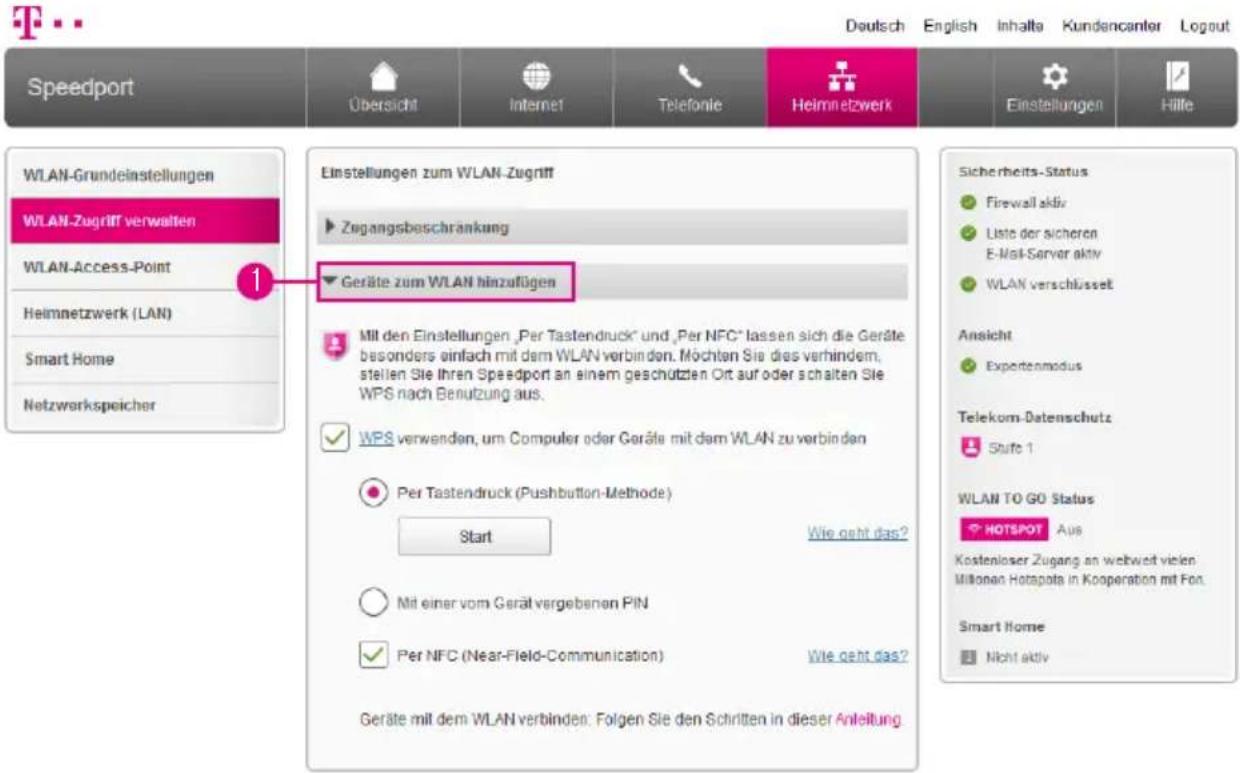 T-Mobile Speedport Smart 2 - WLAN-Geräte über WPS verbinden - WPS-NFC-Methode (Fortsetzung) - 1