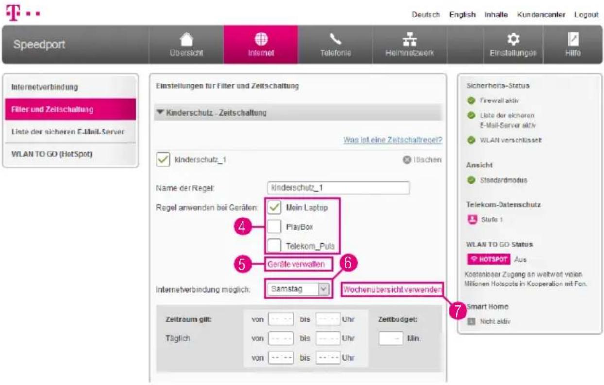 T-Mobile Speedport Smart 2 - Kinderschutz - Zeitschaltung über Wochenübersicht einstellen (Fortsetzung) - 1