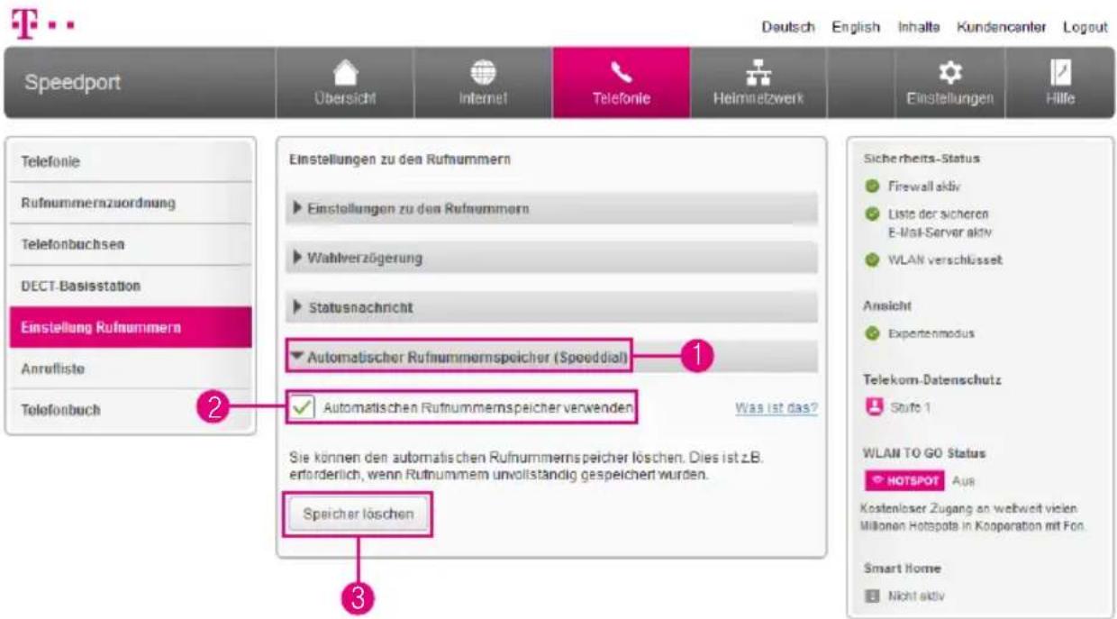 T-Mobile Speedport Smart 2 - Automatischen Rufnummernspeicher verwenden - 1