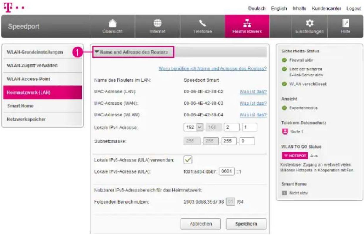 T-Mobile Speedport Smart 2 - Heimnetzwerk (LAN) - Lokale IPv6-Adresse verwenden - 1