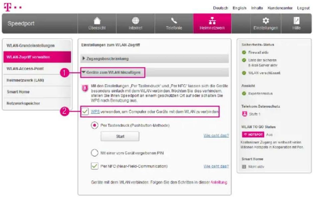 T-Mobile Speedport Smart 2 - WLAN-Geräte über WPS verbinden - Pushbutton-Methode - 1