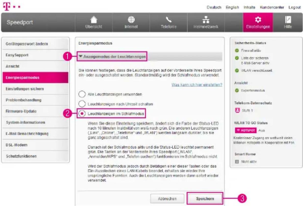 T-Mobile Speedport Smart 2 - Leuchtanzeigen an der Vorderseite des Speedport in Schlafmodus schalten - 1