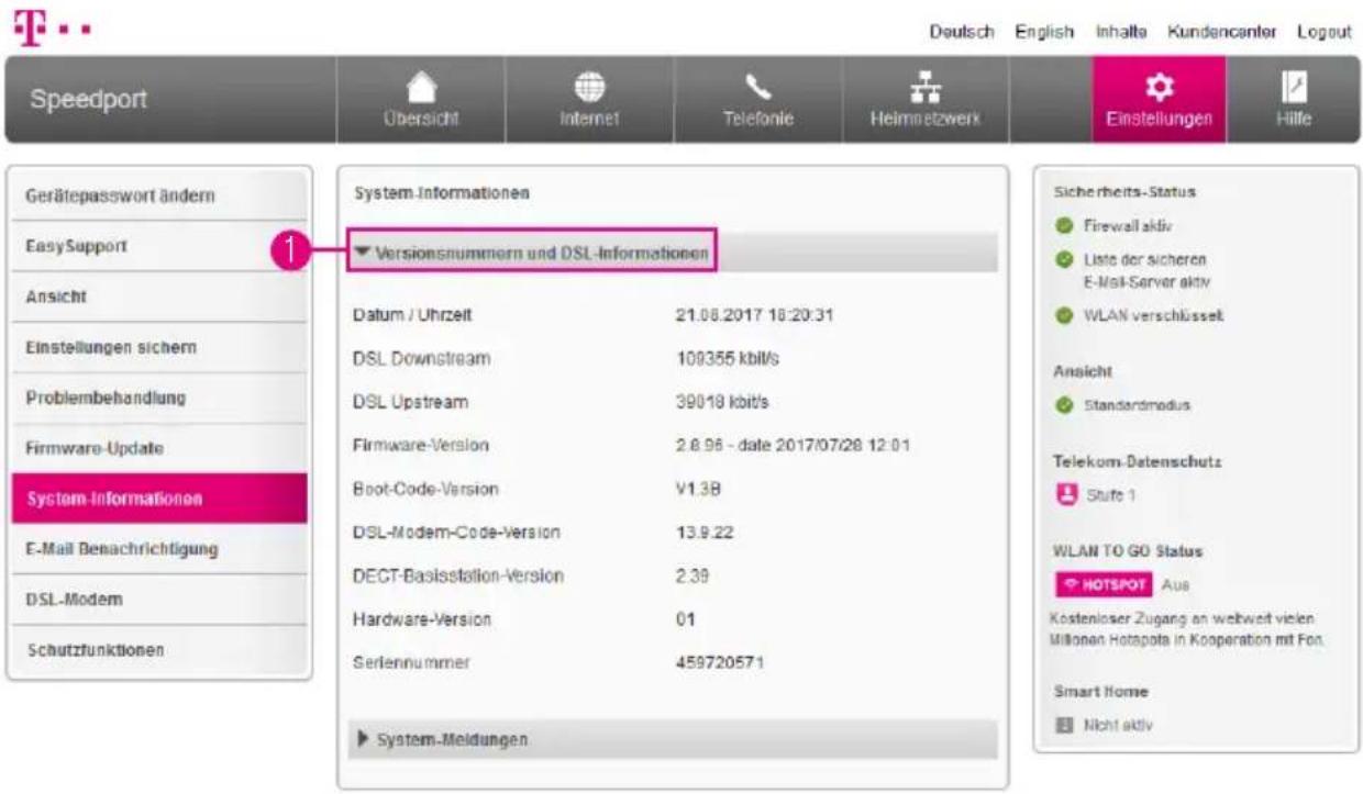 T-Mobile Speedport Smart 2 - Informationen anzeigen - Version und Verbindung - 1