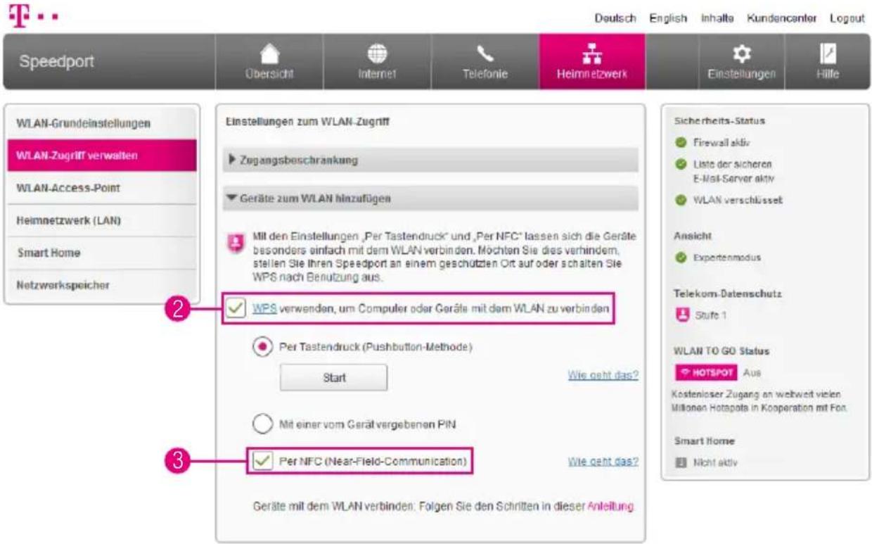 T-Mobile Speedport Smart 2 - WLAN-Geräte über WPS verbinden - WPS-NFC-Methode (Fortsetzung) - 1