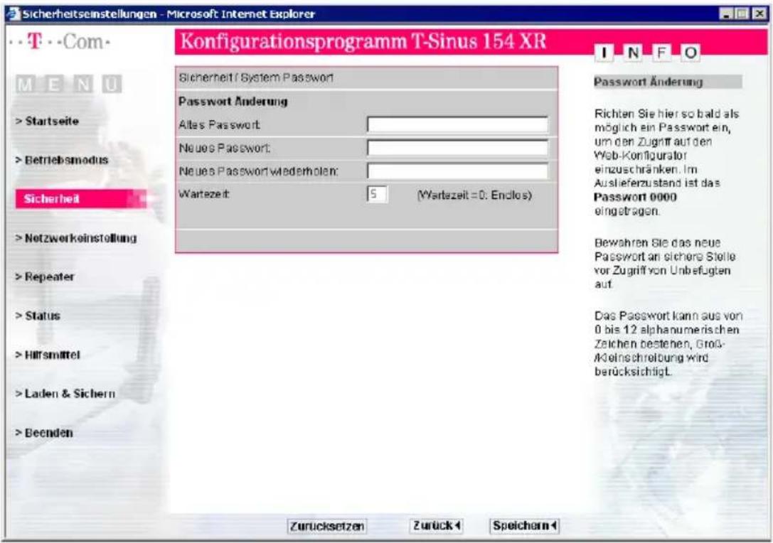 T-Mobile Sinus 154 XR - Passwort als Zugangsschutz zum Konfigurationsprogramm einrichten - 1