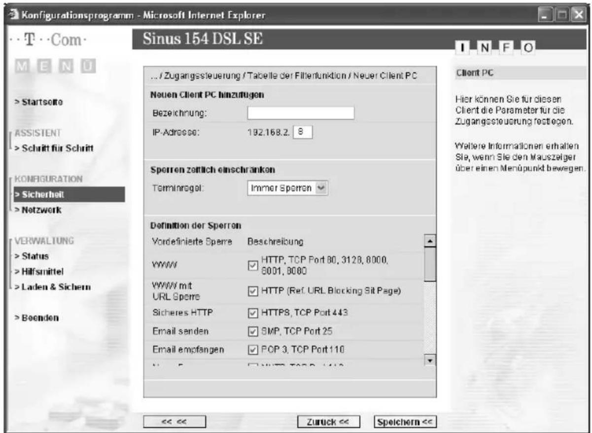 T-Mobile Sinus 154 DSL SE - Rechner zum Sperren auswählen - 2