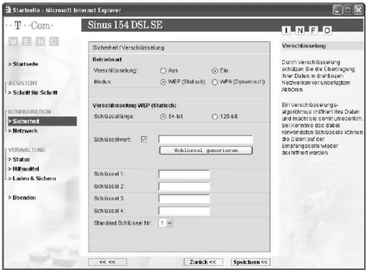 T-Mobile Sinus 154 DSL SE - Schlüsseleinstellungen für WEP - 1