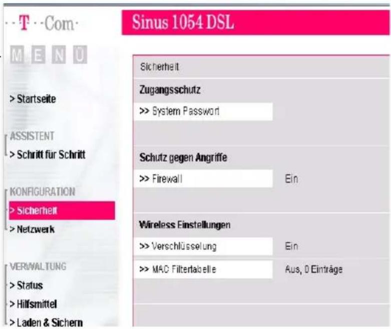 T-Mobile Sinus 1054 DSL - Menü Sicherheit - 1