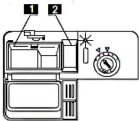 Diagram of a refrigerator with labeled parts and a stopwatch, showing front view and interior layout.