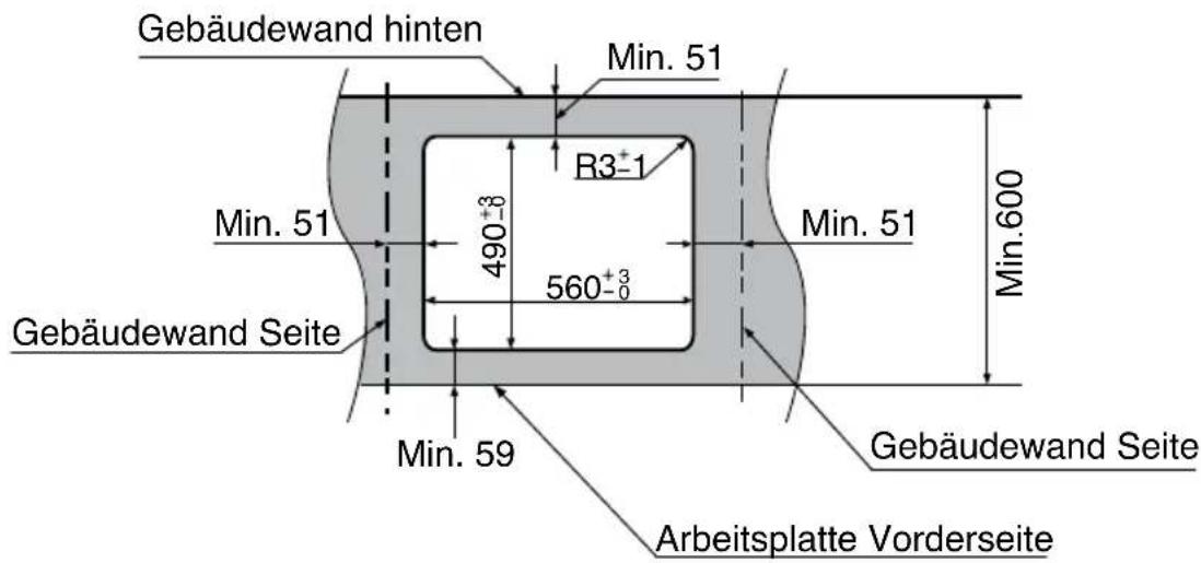 Gebäudewand hinten Min. 51 R3⁺-1 Min. 51 490⁺³₋₀ 560⁺³₋₀ Min. 51 Min. 600 Gebäudewand Seite Gebäudewand Seite Min. 59 Arbeitsplatte Vorderseite