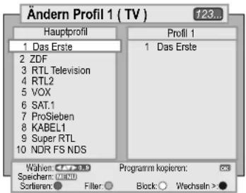 Ändern Profil 1 ( TV ) Hauptprofil 1 Das Erste 2 ZDF 3 RTL Television 4 RTL2 5 VOX 6 SAT.1 7 ProSieben 8 KABELI 9 Super RTL 10 NDR FS NDS Wählen: FAT 0.5 Speichern: MIND Sortieren: ● Filter: ● Block: ○ Wechseln >● Profil 1 1 Das Erste Programm kopieren: ●