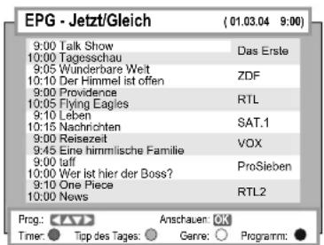 EPG - Jetzt/Gleich (01.03.04 9:00) 9:00 Talk Show 10:00 Tagesschau 9:05 Wunderbare Welt 10:10 Der Himmel ist offen 9:00 Providence 10:05 Flying Eagles 9:10 Leben 10:15 Nachrichten 9:00 Reisezeit 9:45 Eine himmlische Familie 9:00 taff 10:00 Wer ist hier der Boss? 9:10 One Piece 10:00 News Prog.: Anschauen: OK Tmer: Tipp des Tages: Genre: Programm:
