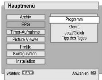 Hauptmenü Archiv EPG Timer-Aufnahme Picture Viewer Profile Konfiguration Installation Programm Genre Jetzt/Gleich Tipp des Tages Wählen: Anwählen: ©101