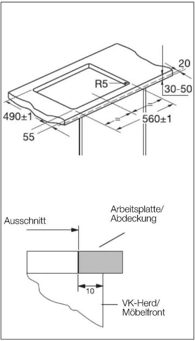Juno Electrolux JOG10000X - Die Herdnische muss seitlich zwischen der Arbeitsplatte und den übrigen Unterbauten, mit Ausnahme des Ausschnittes für die Durchführung des Gas-Sicherheitsschlauches, geschlossen sein. - 1