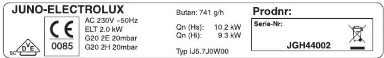 Juno Electrolux JGH44002E - Typenschild - 1