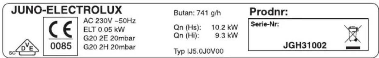 Juno Electrolux JGH31002E - Typenschild - 1
