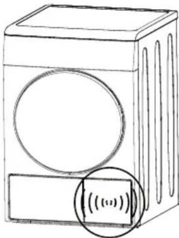 Line drawing of a washing machine casing with a circular vent and a magnified inset showing sound waves (no text or symbols).