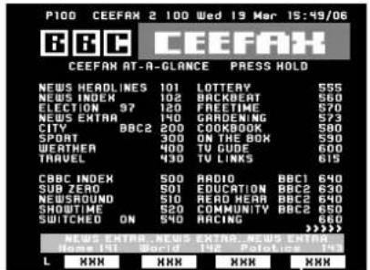 P100 CEEFAX 2 100 Wed 19 Mar 15:49/06 B B C C E E F A X CEEFAN AT-A-GLANCE PRESS HOLD NEWS HEADLINES 101 LOTTERY 555 NEWS INDEX 102 BACKBEAT 580 ELECTION 97 120 RED TIME 570 NEWS EXTRA 140 GARDENING 573 CITY BBC2 200 COOKBOOK 580 SPORT 300 ON THE BOX 530 WERTHER 400 TV GUIDE 600 TRAVEL 430 TV LINKS 615 CBBC INDEX 500 RADIO BBC1 640 SUB ZAEO 501 EDUCATION BBC2 630 NEWSROUND 510 READ WEAR BBC2 640 SHOWTIME 520 COMMUNITY BBC2 650 SWITCHED ON 540 ARCING 660 NEWS ENTER NEWS EXTRA NEWS ENTER NEWS INT. World 192 Poland 573 L XXX XXX XXX XXX