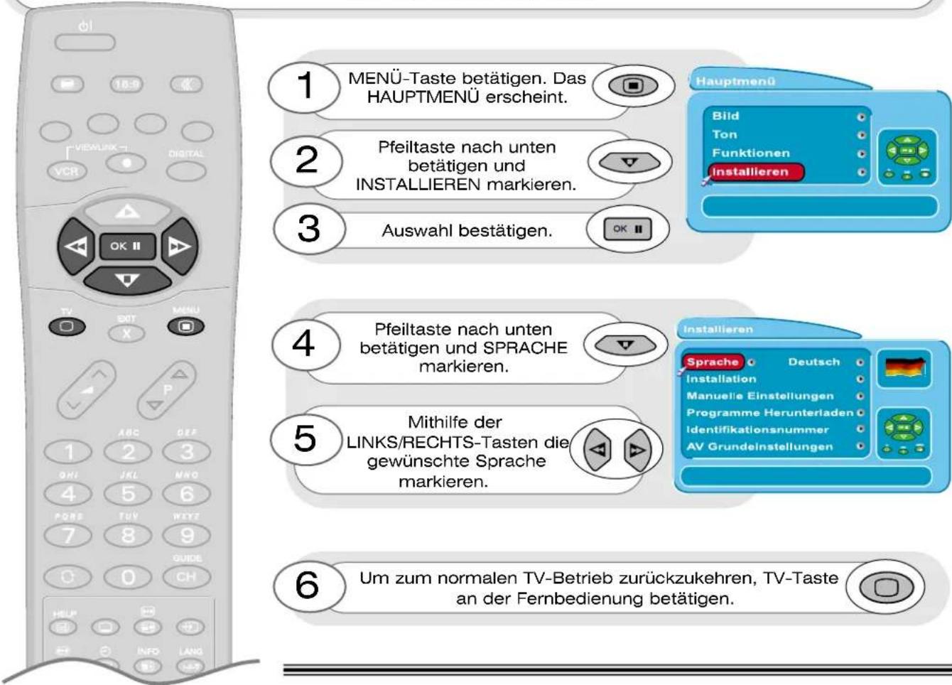 1 MENÜ-Taste betätigen. Das HAUPTMENÜ erscheint. 2 Pfeiltaste nach unten betätigen und INSTALLIEREN markieren. 3 Auswahl bestätigen. OK 4 Pfeiltaste nach unten betätigen und SPRACHE markieren. 5 Mithilfe der LINKS/RECHTS-Tasten die gewünschte Sprache markieren. 6 Um zum normalen TV-Betrieb zurückzukehren, TV-Taste an der Fernbedienung betätigen.
