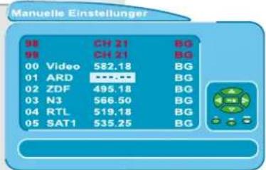 Manuelle Einstellung 98 CH 21 BG 98 CH 21 BG 00 Video 582,18 BG 01 ARD ****BG 02 ZDF 495,18 BG 03 N3 566,50 BG 04 RTL 519,18 BG 05 SAT1 535,25 BG